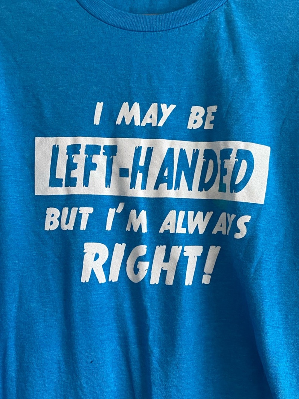 Gildan Bright Blue Graphic Left-Handed Tee with White Text